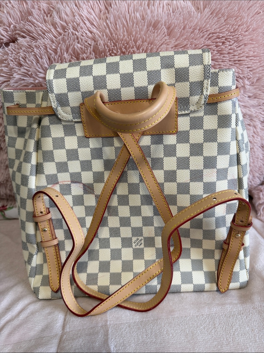 Designer-Inspired Women's Checker Canvas Backpack in Cream & Gray - Picture 16 of 16